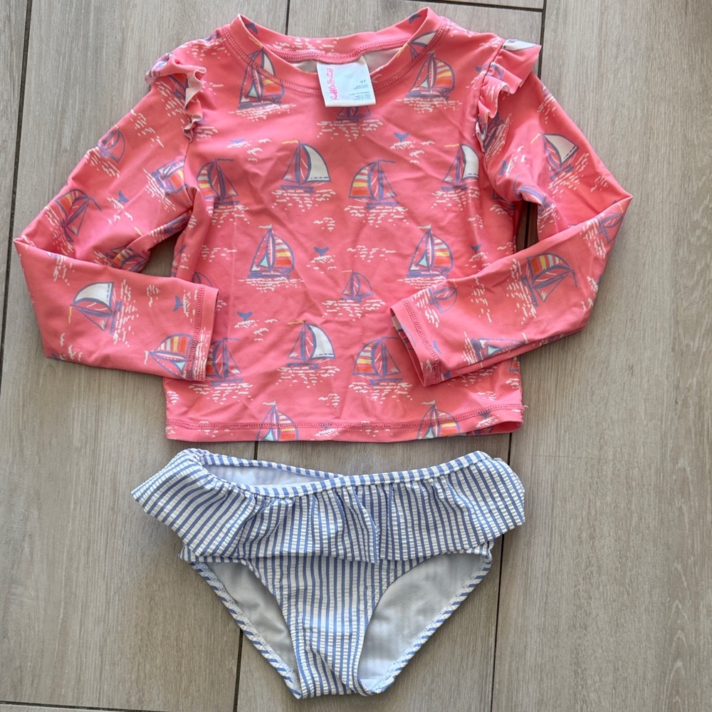 Ruffle Butts Pink Sailboat Rashguard Set